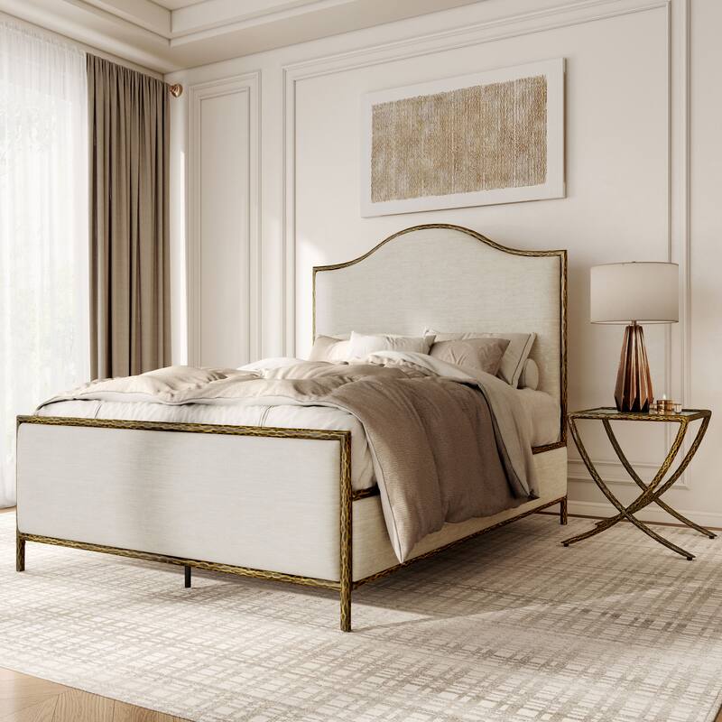 247 Shop At Home Lalia Modern 2-Piece Upholstered Hammered Metal Camelback Bedroom Set with Nightstand - Matte Gold - Queen