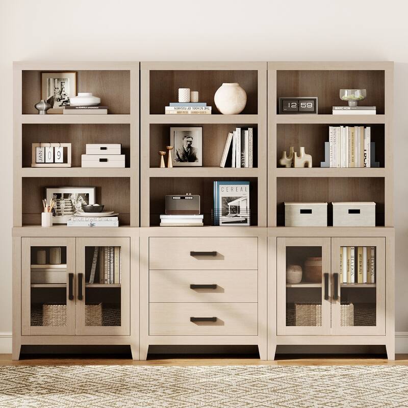 WAMPAT 74" Tall Bookshelf with Glass Doors and Drawers, Farmhouse Bookcase with Adjustable Shelves - Beige
