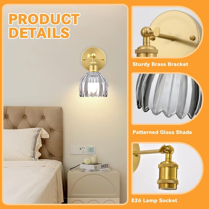 Adjustable Vintage Wall Sconce with Amber Tulip Glass Brass Fixture with Switch Ideal for Bedroom Hallway or Entry