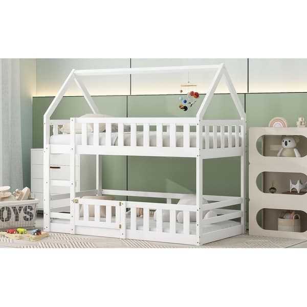 slide 2 of 11, Low Twin Over Twin Design, Down Bed No Slats Floor Bed with Fence and Door - White House-shaped Bunk Bed with Roof and Ladder White - Twin