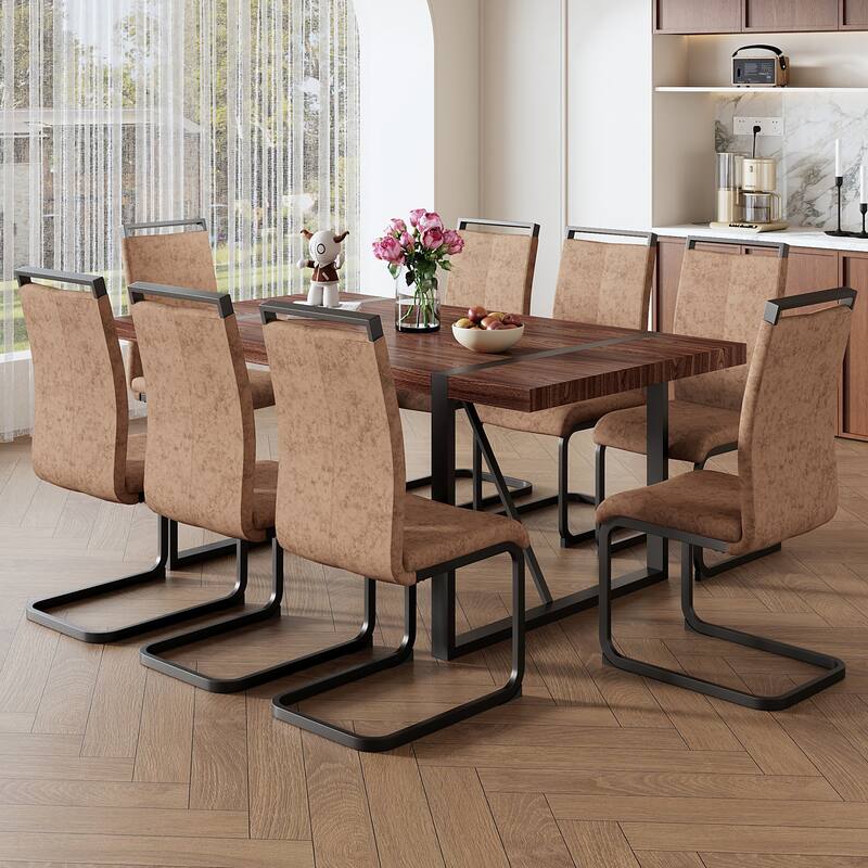 Roomfitters 7/9pcs Walnut Dining Table Set with Technology Fabric Chairs and Arched Black Metal Legs, Walnut