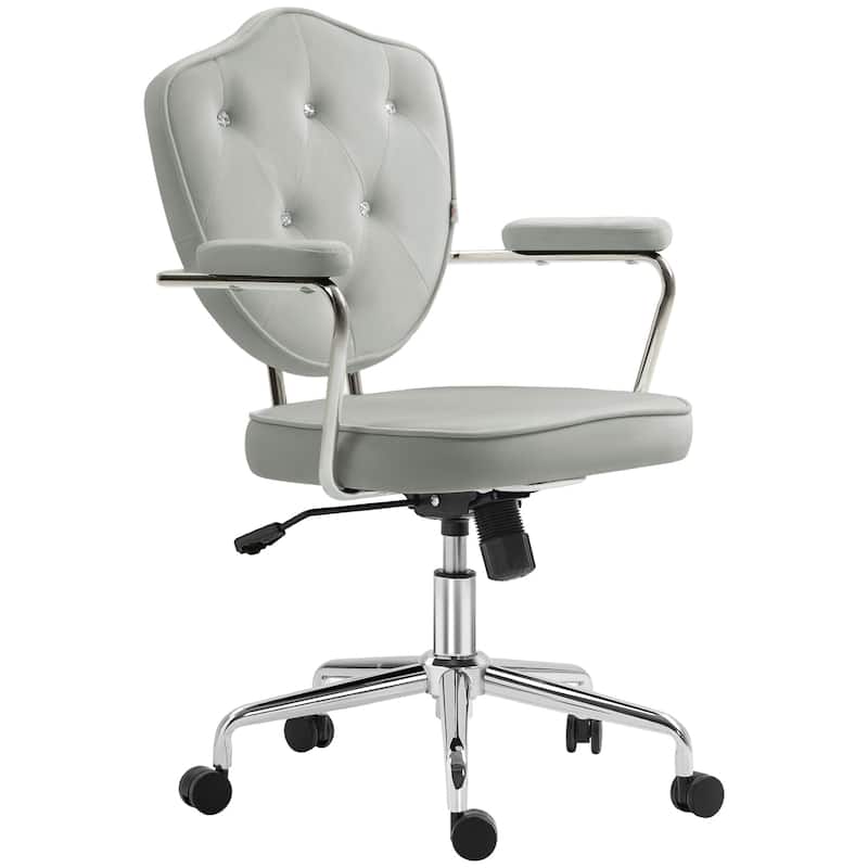 Cute Home Office Chair, Computer Desk Chair with Button Tufted Teddy Bear Fleece, Swivel Vanity Chair - Gray