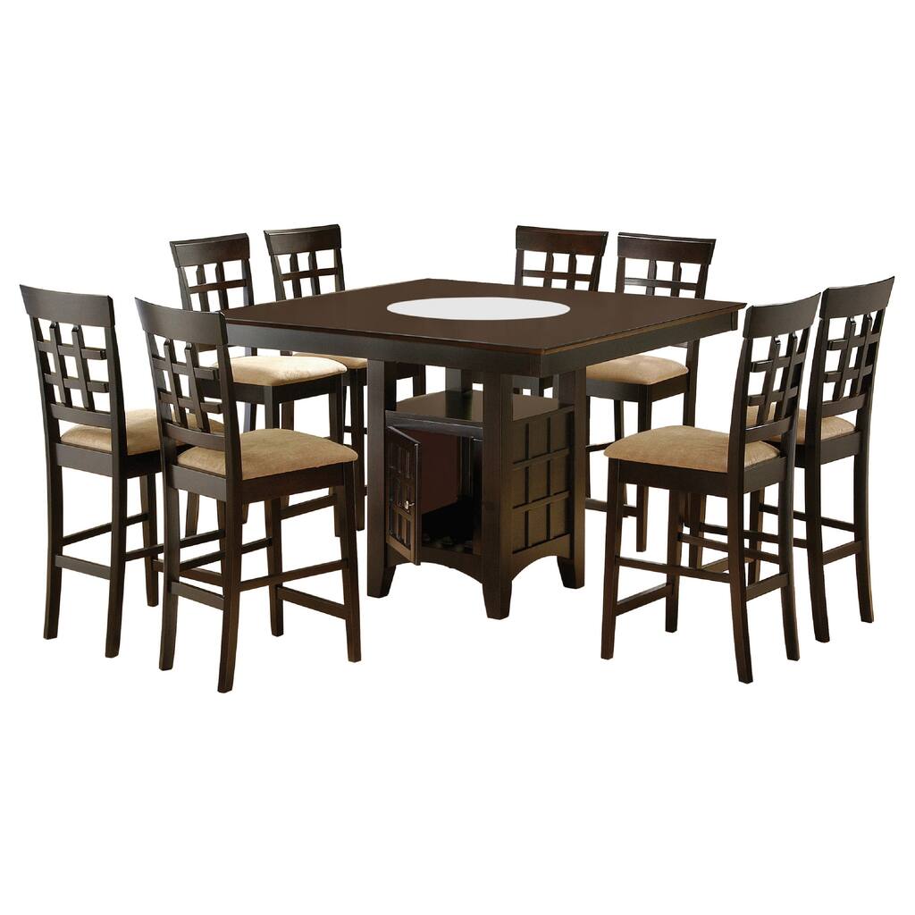 Uric Counter Height Dining Table w Wine Storage, 8 Lattice Chairs, Brown