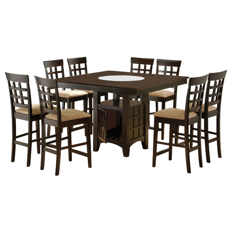 Uric Counter Height Dining Table w Wine Storage, 8 Lattice Chairs, Brown