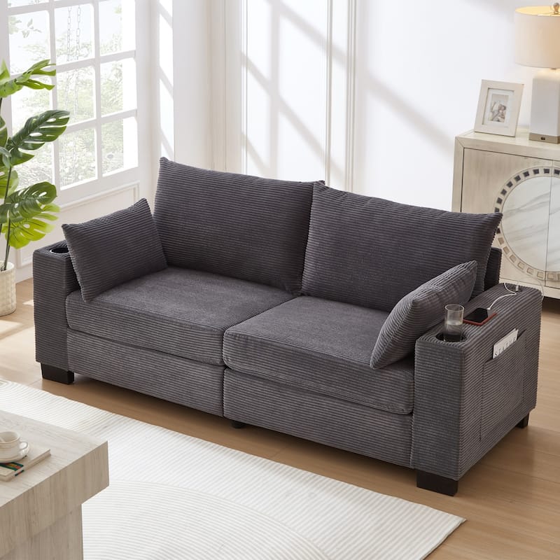 78" Corduroy 3-Seater Sofa with USB Ports, Cup Holders and Side Pockets