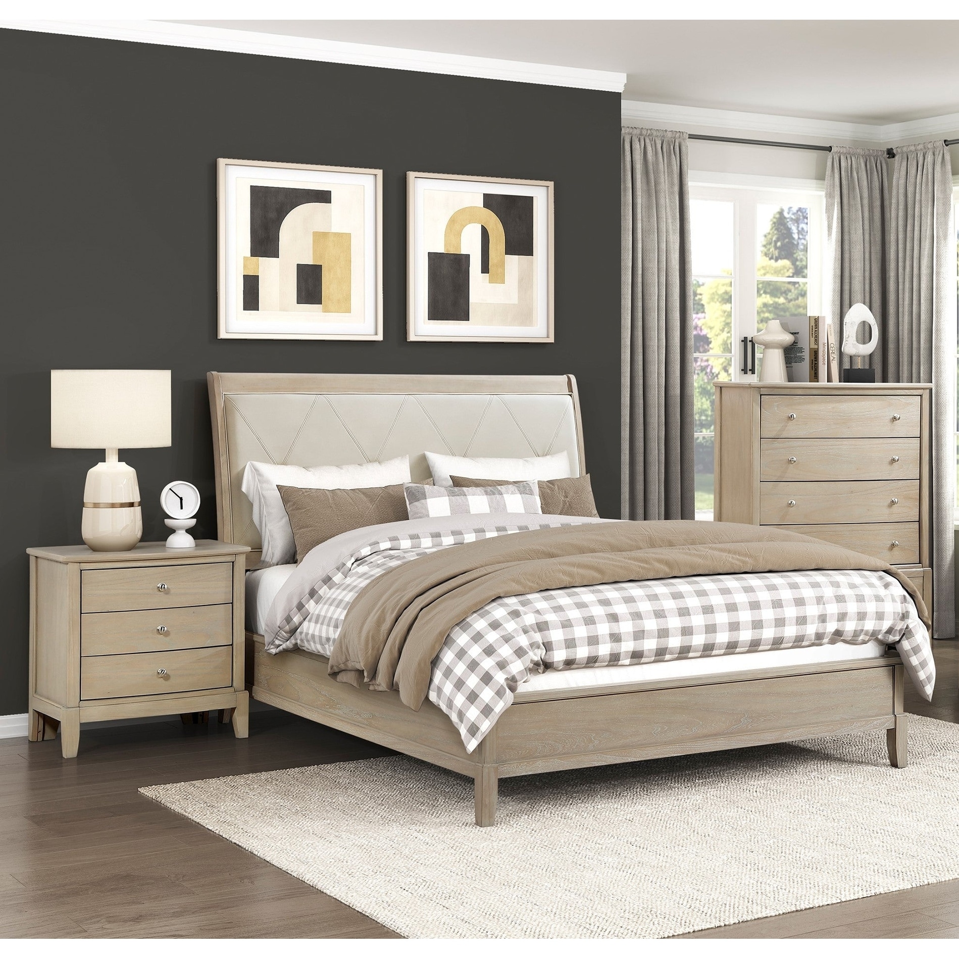 Farmhouse Bedroom Set 3pc Furniture Beige Finish Bed Nightstand Chest