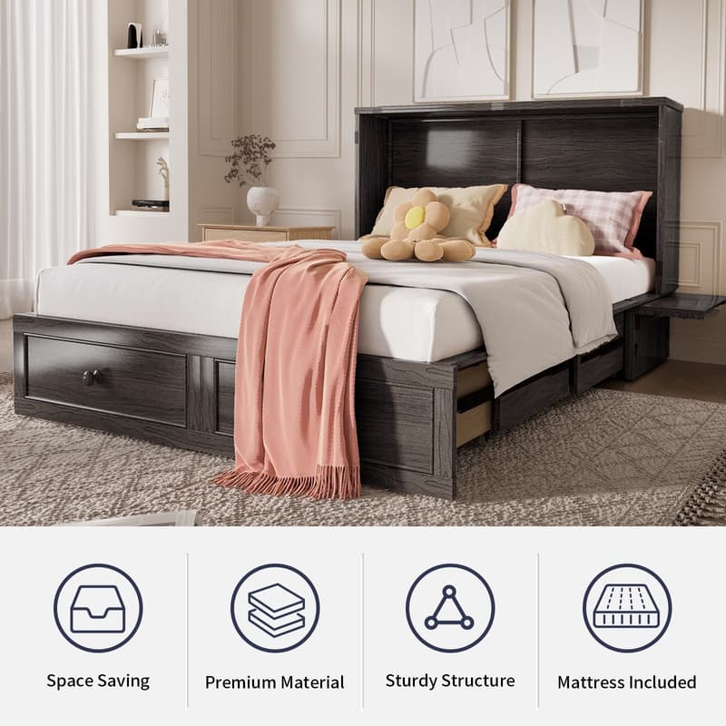 Mixoy Queen Size Murphy Bed Chest with Mattress and Storage