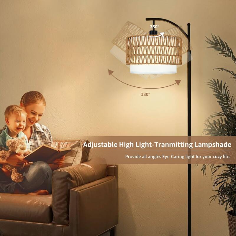 Arc Floor Lamp with 3 Color Temperatures,Rattan with Remote Control,Black Dimmable Standing Lamp with Wicker Lamp Shades