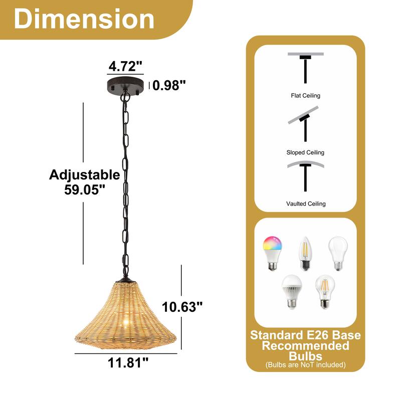 Starsky 1-Light 11.81in Handwoven Rattan Cone Pendant