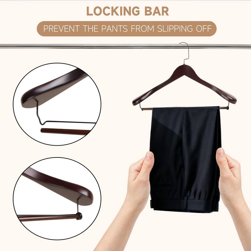 BP4U Premium Wide Shoulder Wooden Suit Hangers, Heavy-Duty Non-Slip Solid Wood Coat Hangers with Locking Bar