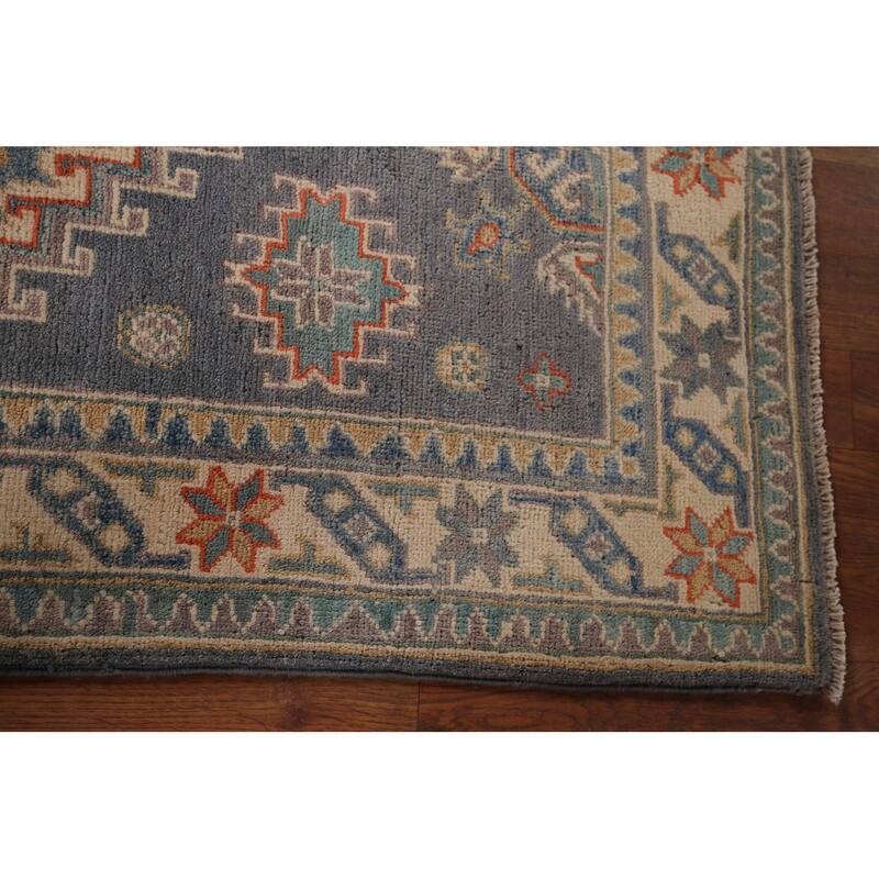 Gray Geometric Kazak Accent Rug Hand-Knotted Foyer Wool Carpet - 2'8" x 4'1"