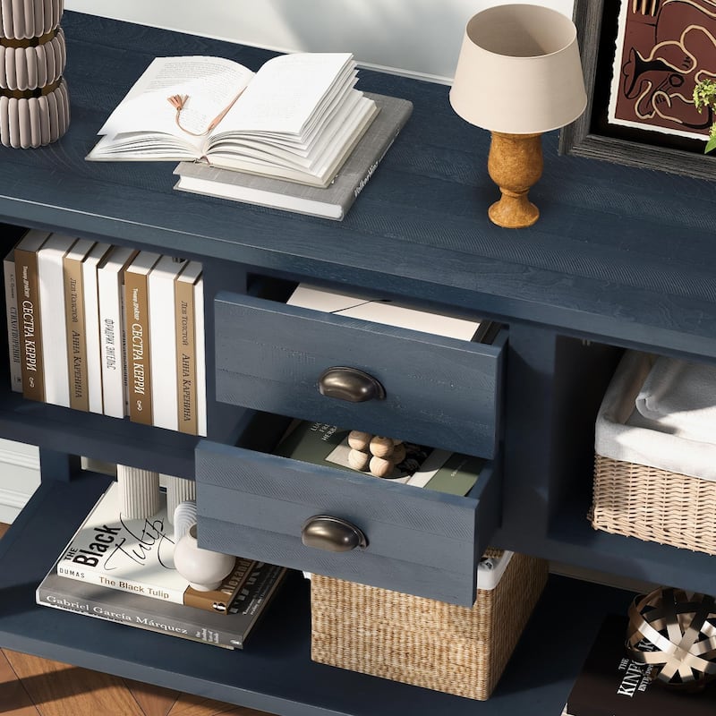 Retro 48 Inch Solid Wood Console Sideboard - 2 Drawers & Cabinets, Navy Blue