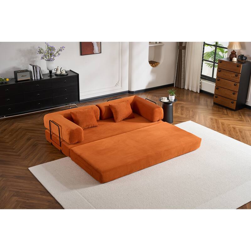 Convertible Sleeper Sofa Bed with Cylindrical Pillow, Corduroy Folding Mattress Couch with Fixed-Shape Frame