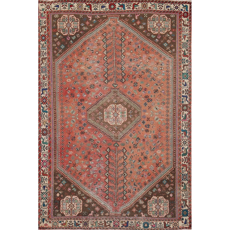 Tribal Geometric Shiraz Persian Vintage Rug Hand-Knotted Wool Carpet - 5'1" x 7'2"