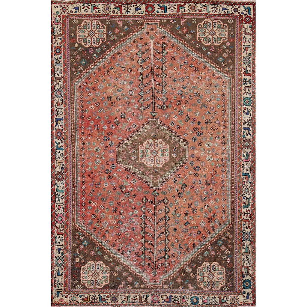 Tribal Geometric Shiraz Persian Vintage Rug Hand-Knotted Wool Carpet - 5'1" x 7'2"