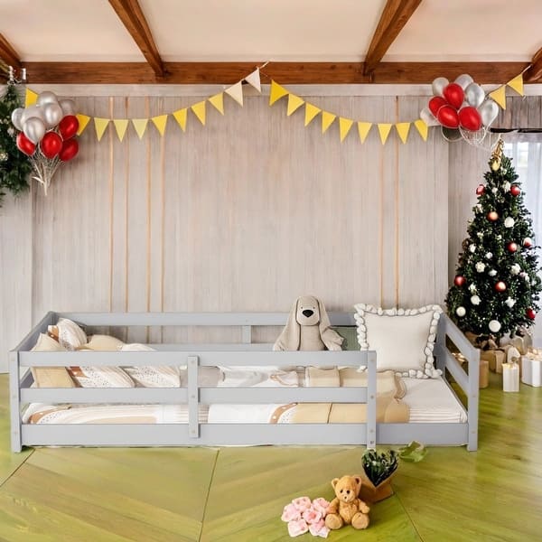 slide 2 of 12, Grey Floor Bed with Fence,Wood Kids Bed,Twin Size Grey