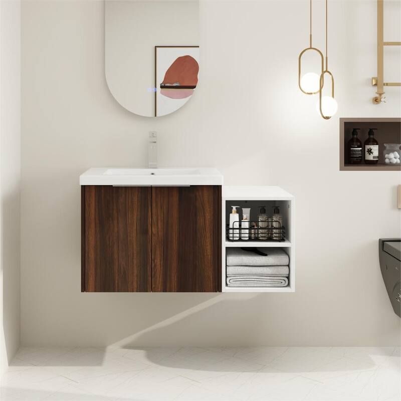 BNK 12/24/36/48/60 Inch Wall-Mounted Bathroom Vanity, Bathroom Cabinet with Doors or Side Shelves - 35.7''W - CaliforniaWalnut