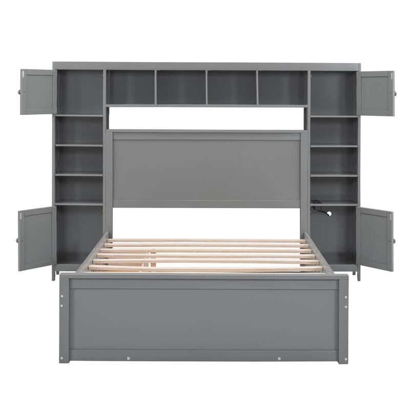 Full Size Wooden Bed with Built-in Cabinet, Shelf, and Outlets, Twin Trundle, Gray