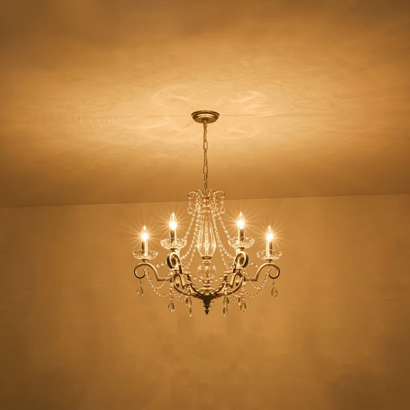 25.2" W Modern Luxury Crystal Beaded 6-Light Chandelier with Vintage Silver Finish and Candle Arms