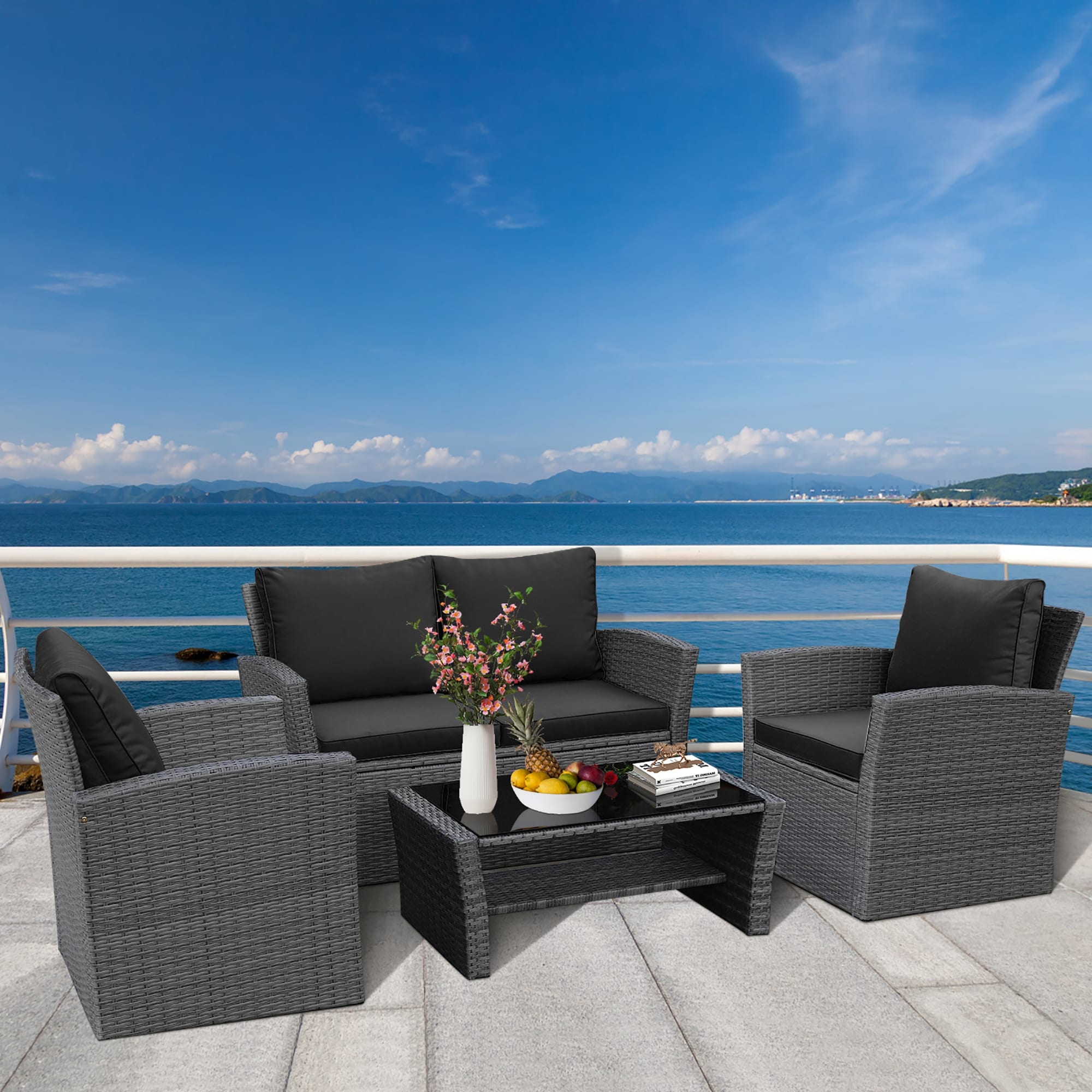 4 piece algarve rattan sofa set in dark mixed grey with dark cushions hotsell