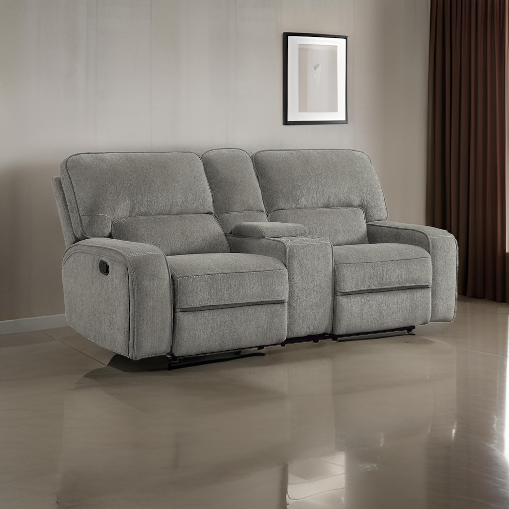 Neo 85 Inch Manual Double Recliner Loveseat, Center Console, Gray Chenille