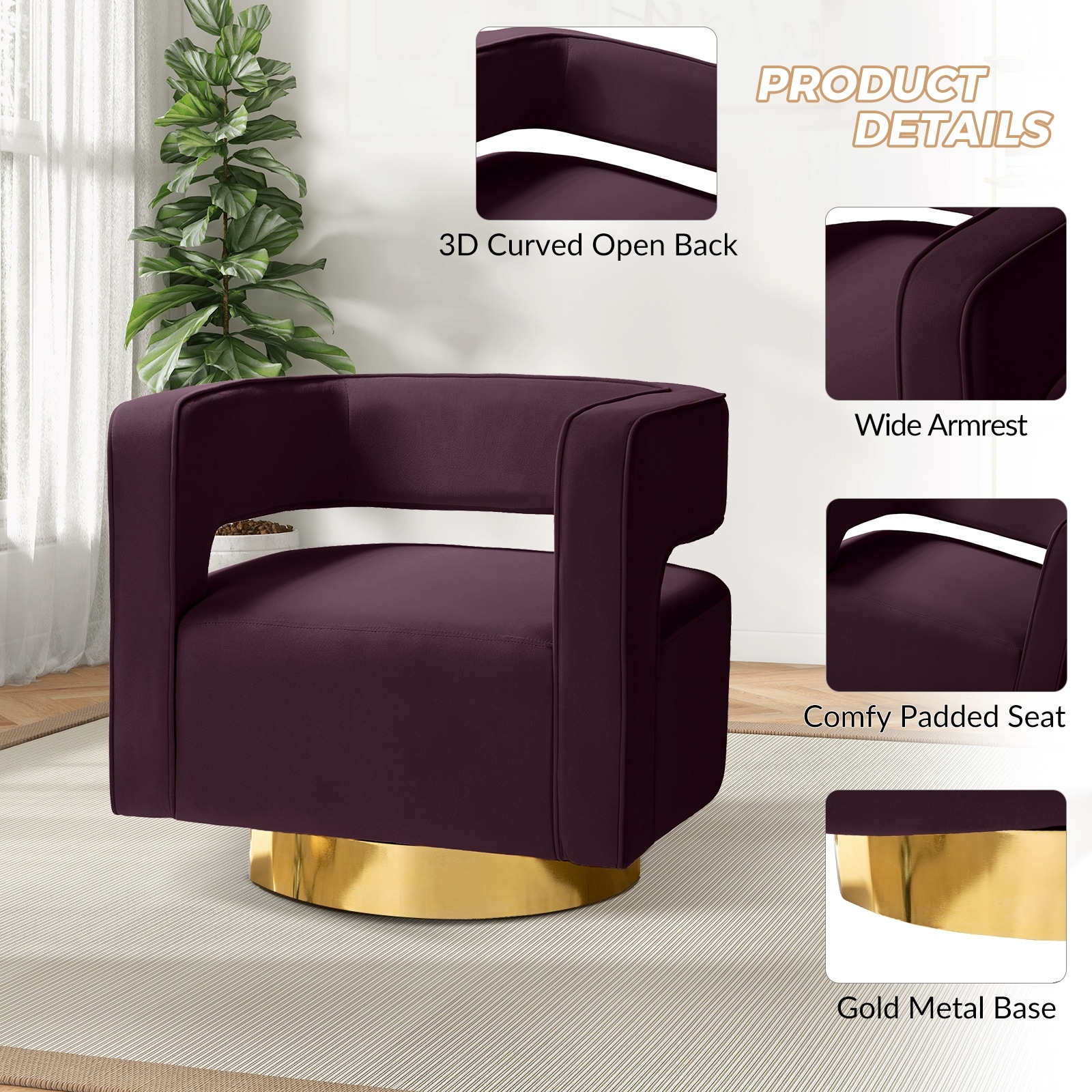 Carisa Modern Upholstered Swivel Open-Back Barrel Chair with Golden Base Set Of 2 by HULALA HOME