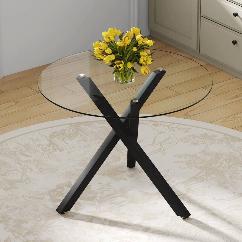 Modern minimalist glass round table: 31 inch diameter, X-shaped black metal bracket, stylish and practical - Black,Transparent
