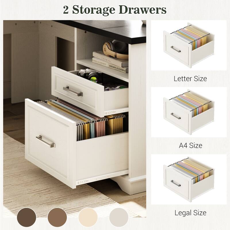 French Country L Shaped Desk with Charging Station, Office Computer Table with File Cabinet