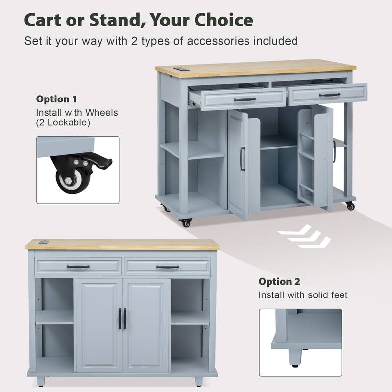 Kitchen Island with 2 Drawers and 2 Cabinet, Extendable Storage Table with Internal Storage Rack, Power Outlet for Living Room