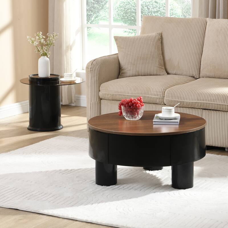 Nesting Coffee Table Set of 2, Round Coffee Table with Drawer, Circular Wood Center Table Set