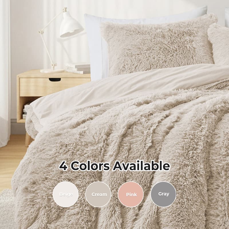 Fluffy Shaggy Reversible Faux Fur Comforter Set, Fuzzy Plush Bedding Set