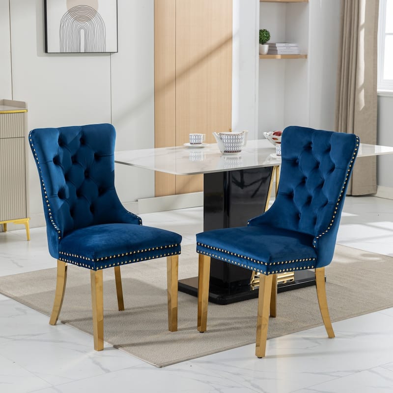 GDF Studio - Modern Velvet Upholstered Wood Dining Chair Set with Chrome Legs & Nailhead Trim (Set of 2) - Blue