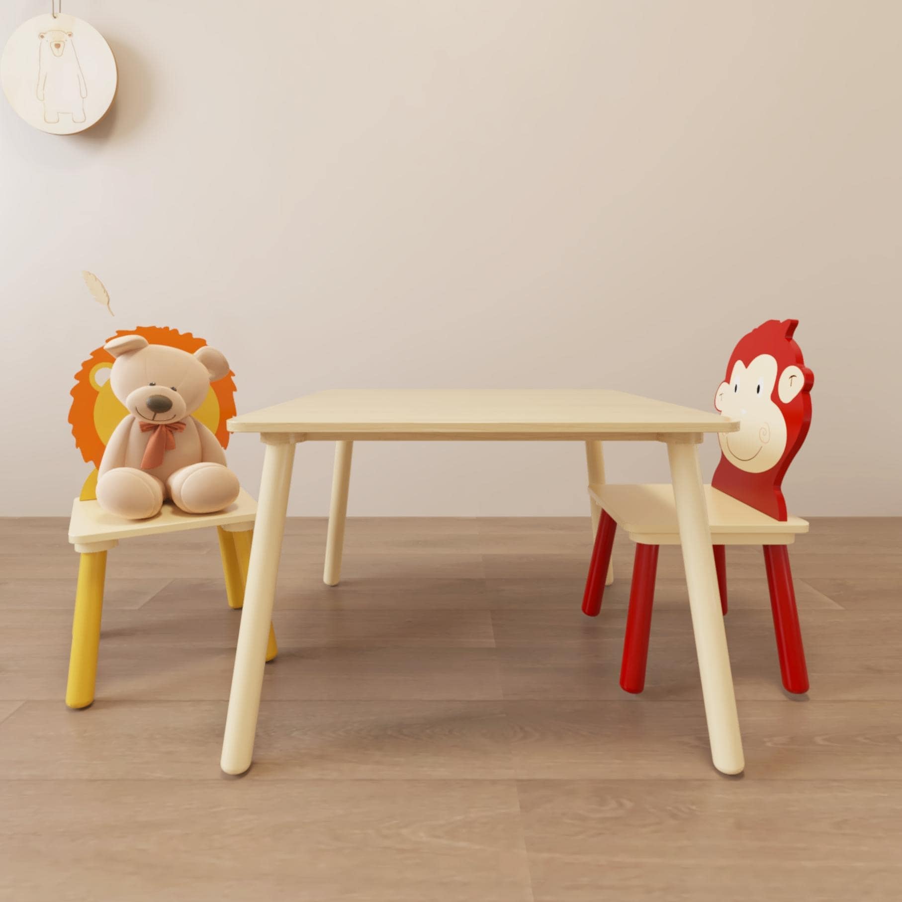 3pcs Activity Art Kids Table and Chair Set w 2 Cartoon Animals Chairs Multi Color Lion and Monkey