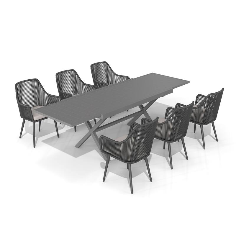 Expandable Aluminum Outdoor Dining Set with 6 Woven Rattan Chairs