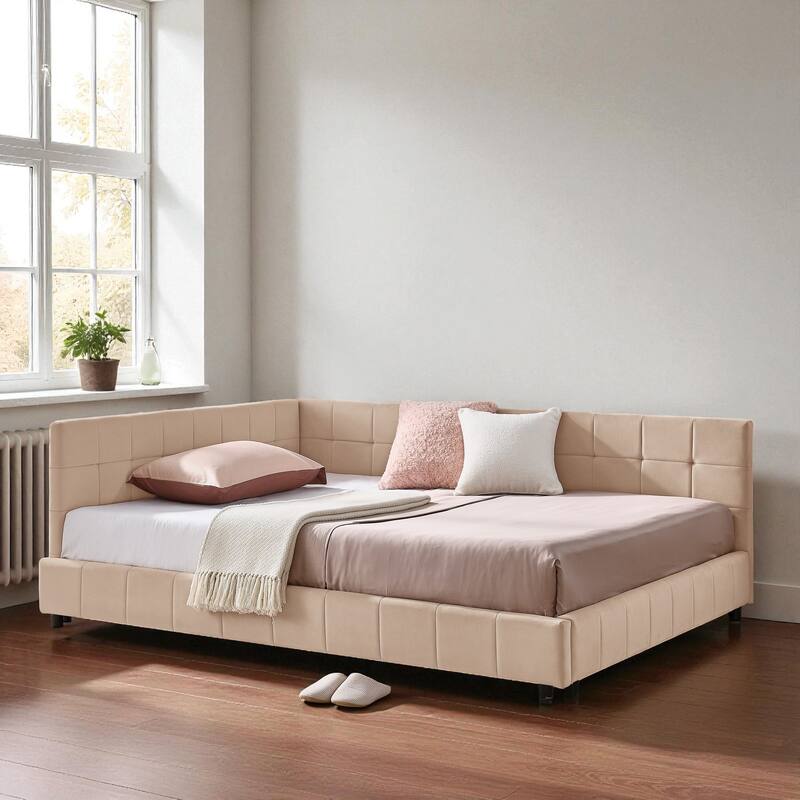 Full Size Velvet Upholstered Tufted Daybed Frame with Backrest and Armrest, Mid-Century Sofa Bed for Bedroom or Living Room