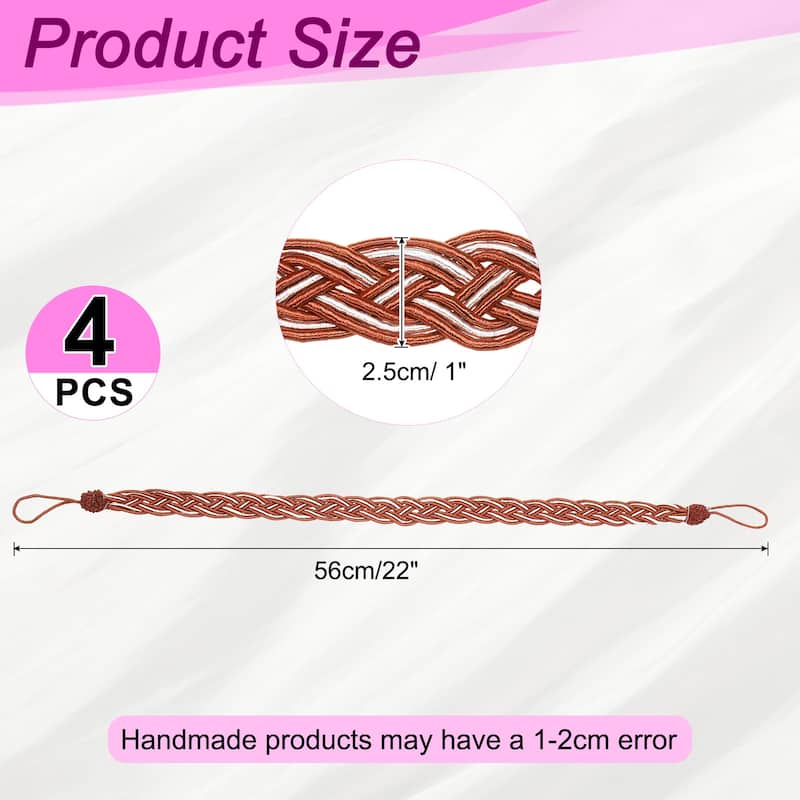 4 Pcs Curtain Tiebacks, Braided Drapery Holdback - Red Brown - 60cm/24"