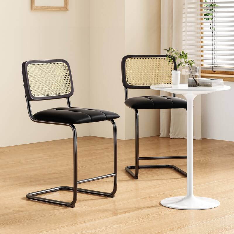Counter Height Bar Stools Set of 2, Upholstered PU Leather Barstools with Rattan Back, 24 inch Stools Armless Bar Chairs