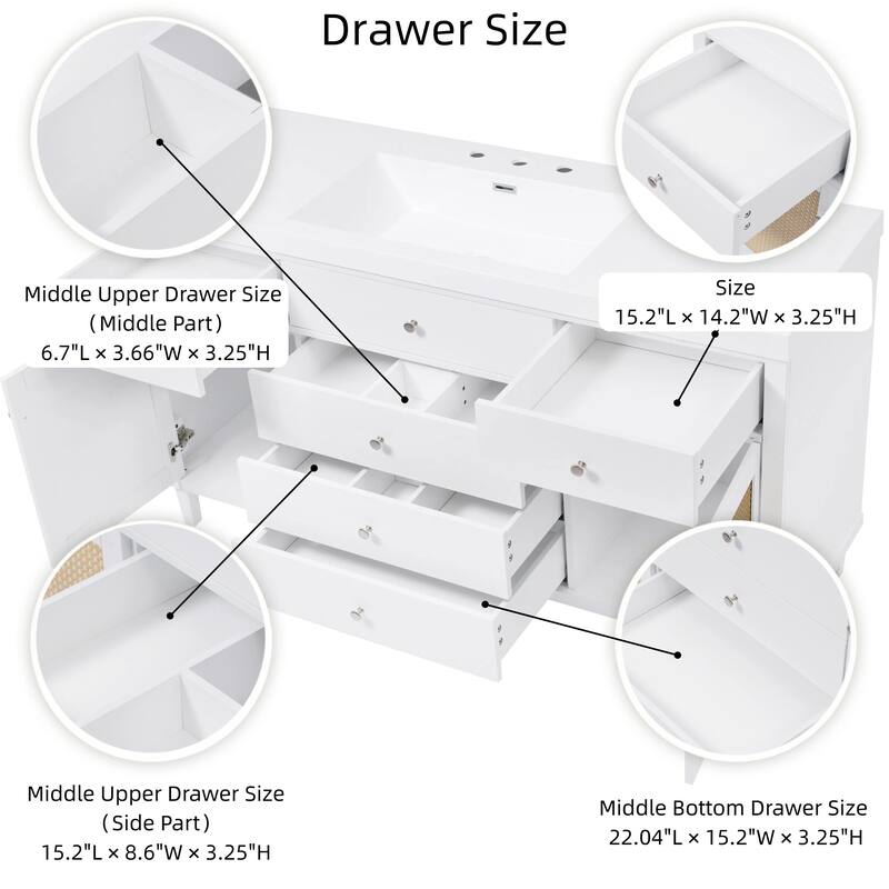 60" Large Rattan Bathroom Vanity Cabinet with SMC Sink