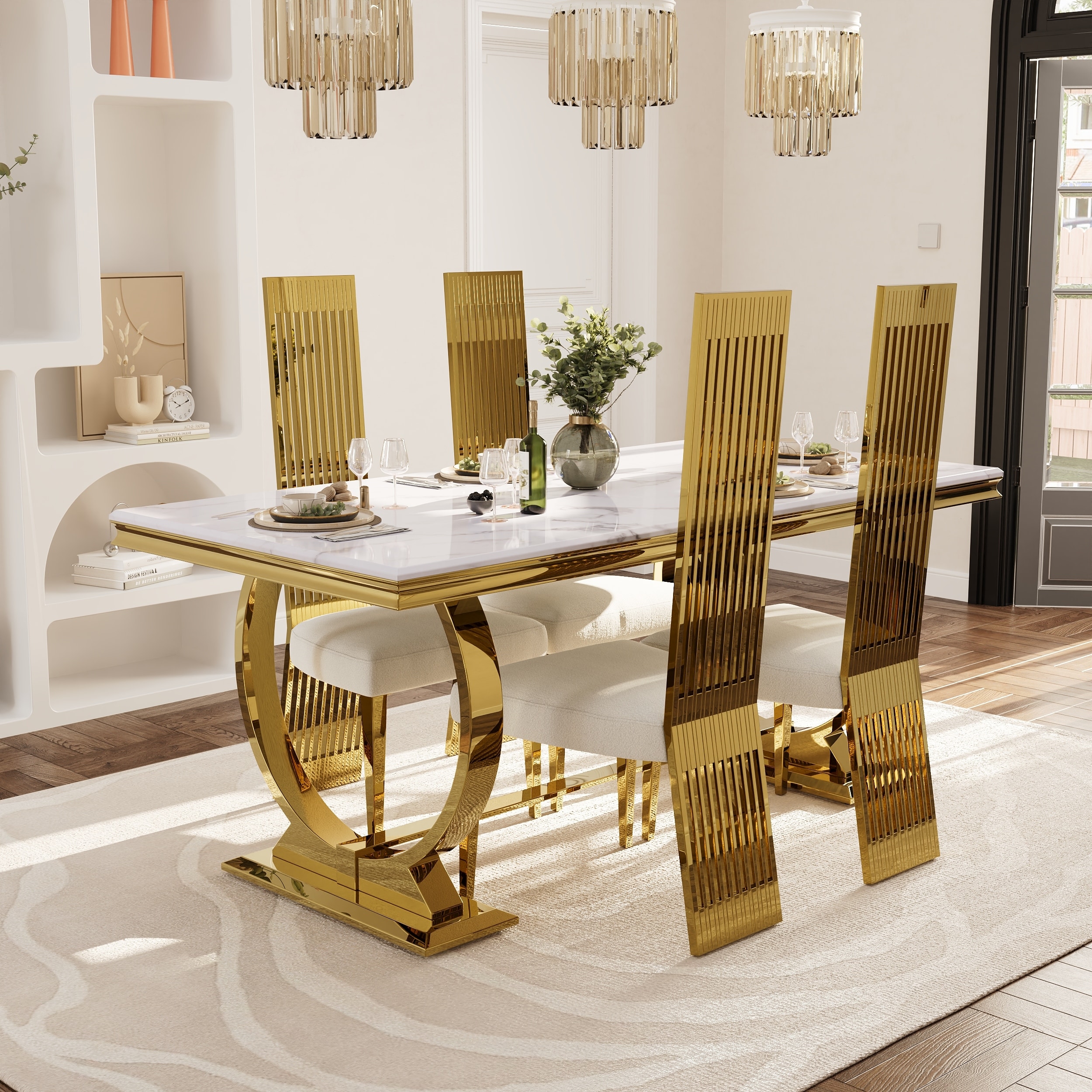 Luxurious Dining Room Table Set with Buttons Tufted Velvet Dining Chairs