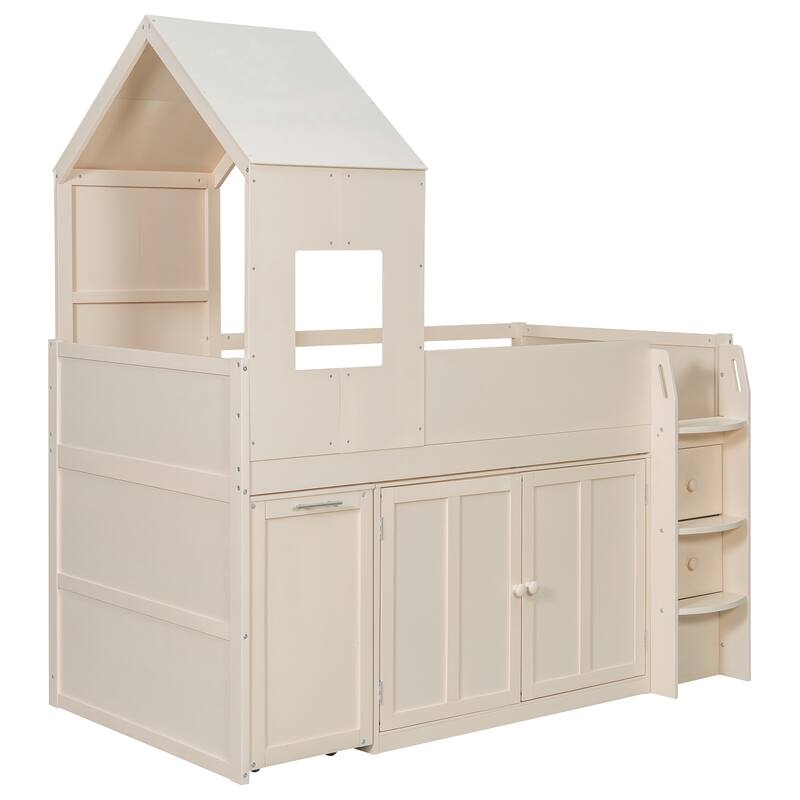 Roomfitters Twin Size House Loft Bed with Rolling Desk, Storage Cabinets and Staircase, All-in-One Space Saving Sleeper