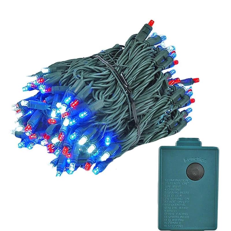 140 Light LED Chasing Christmas Mini Light Set, Warm White, Green Wire, 46.5' - Red/White/Blue