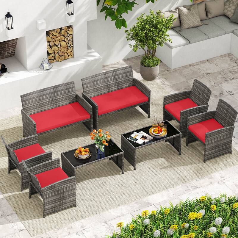 Costway 8 PCS Patio Conversation Set with Seat Cushions & Tempered - See Details - Red+Mix Gray - See Details