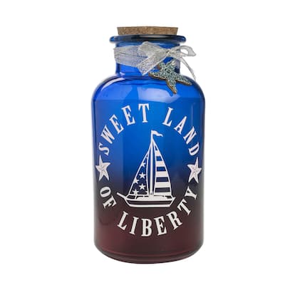 Patriotic "Sweet Land of Liberty" Sailboat Red & Blue Cork Jar Decor