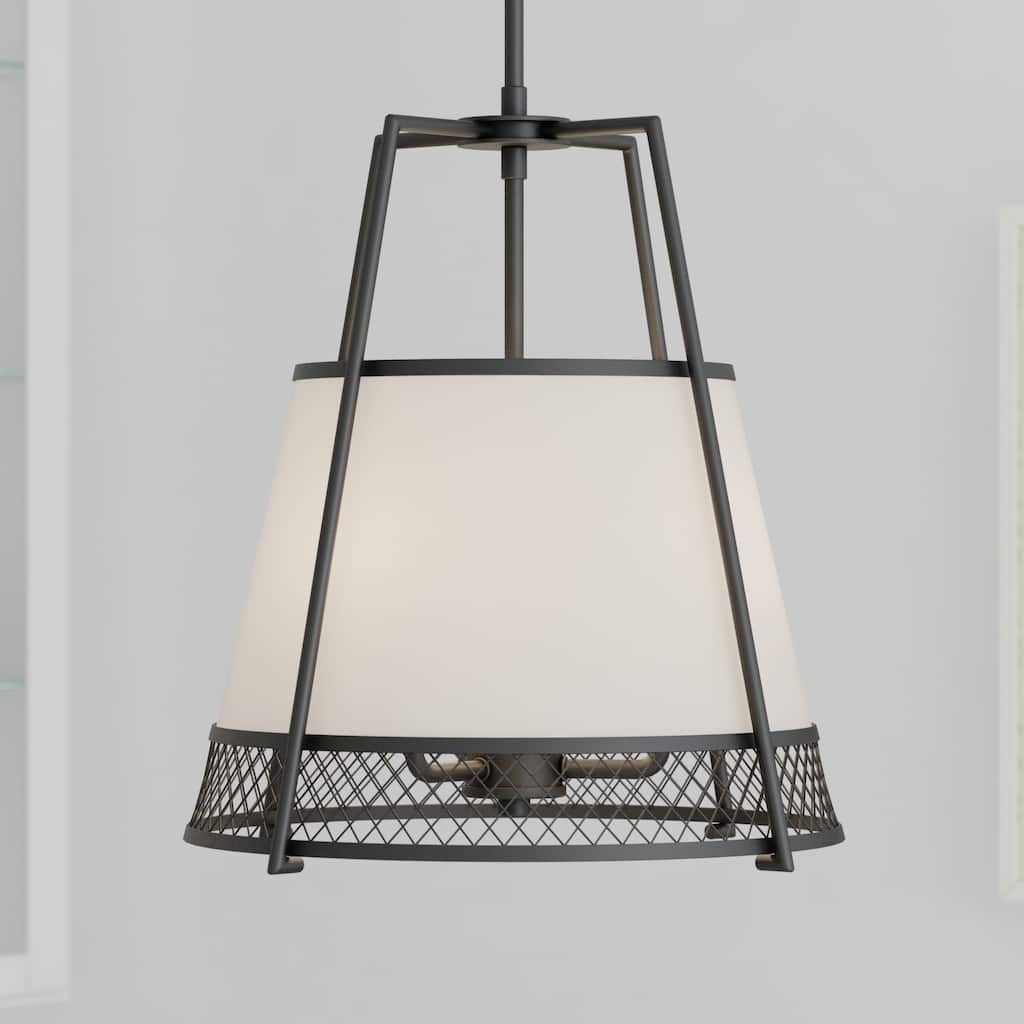 Benton 3L Black Wire Cage Modern Industrial Pendant Light White Linen Shade - 16.75-in W x 19-in H x 16.75-in D