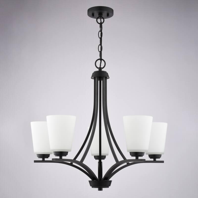 VAXCEL River Grove 5-Light Matte Black Chandelier, Frosted White Glass Shades, Adjustable Height Hanging Ceiling Fixture