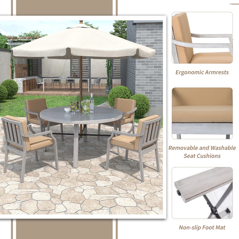 4-Person Outdoor Wooden Dinning Set with 1 Umbrella Hole & Removable Cushions