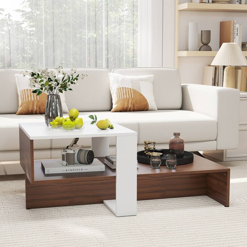 2-Tier Geometric Coffee Table with Storage Shelves for Living Room and Reception Room-White and Brown - Multi
