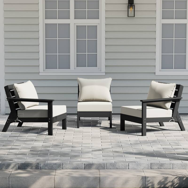Birchwood All Weather HDPE Outdoor Patio Deep Seating Black Sofa With Cushions (3-Piece) - Black/White