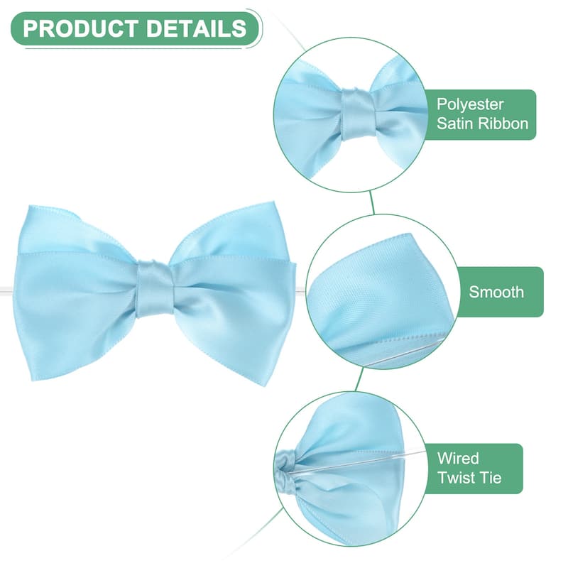 24-Pack Satin Ribbon Twist Tie Bows 3x3.6" Bow Twist for Craft - Light Blue