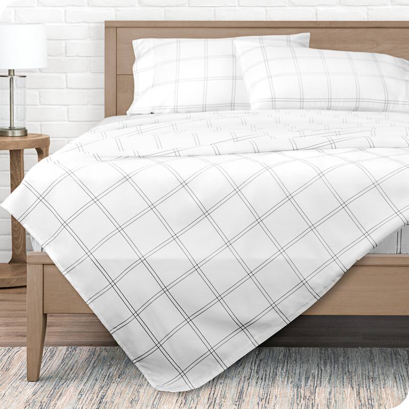Bare Home Double Brushed Deep Pocket Printed Sheet Set - Twin - Modern Plaid - White/Graphite